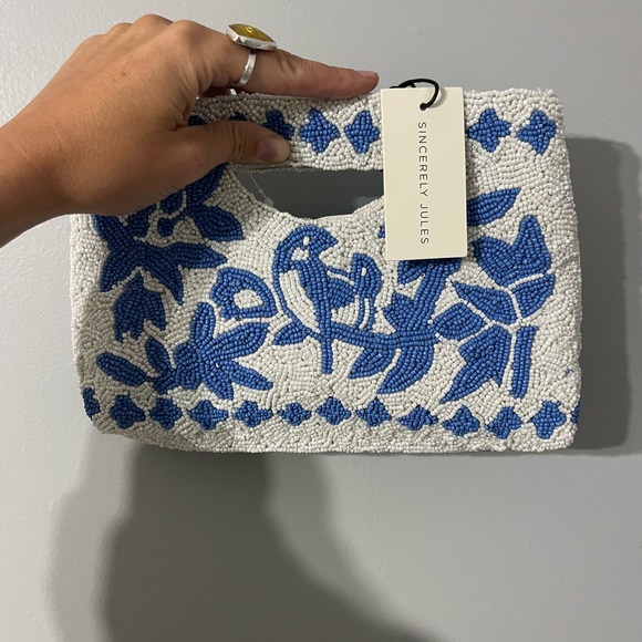 Sincerly Jules Handbags - VIRAL Boho Blue and White Beaded Bird and Floral Clutch and NWT